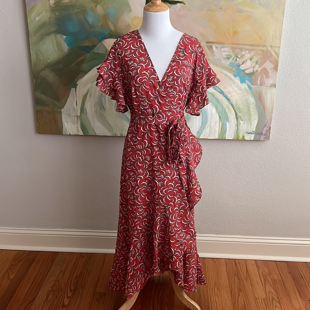 Max Studio | NWT Boho Ruffle Sleeve Genuine Wrap Hi-Low Midi Dress Size M